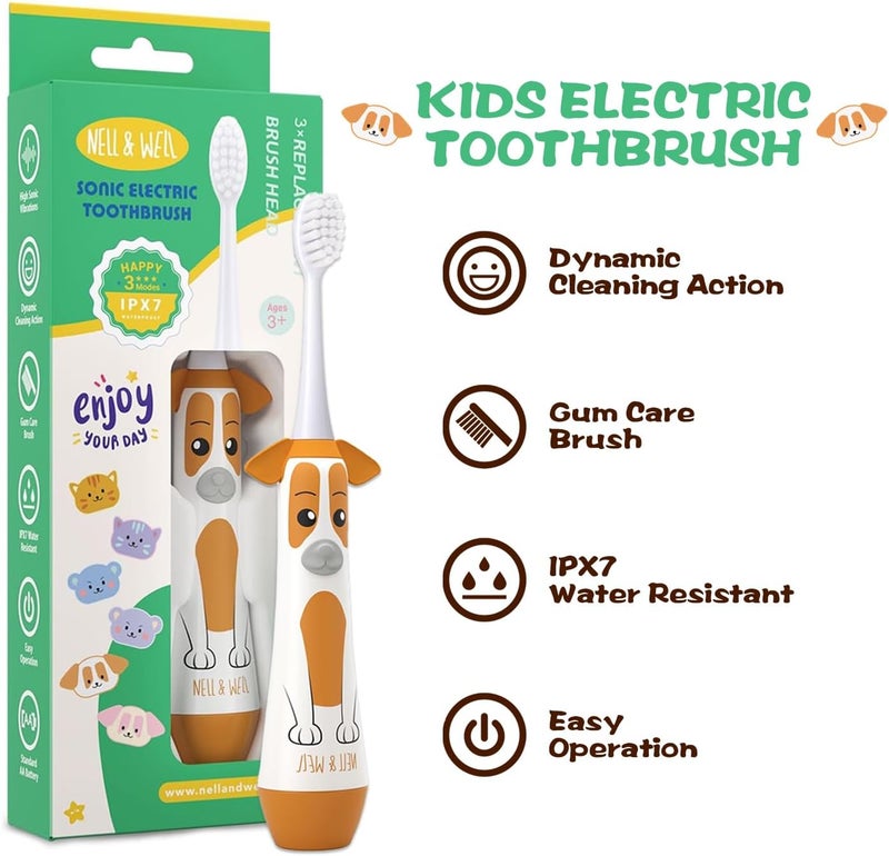 NELLWELL Kids Electric Toothbrush, 3 Modes, 2-Min Timer, IPX7, Battery Powered with 3 Soft Brush Heads for Children Ages 3+ - Image 4